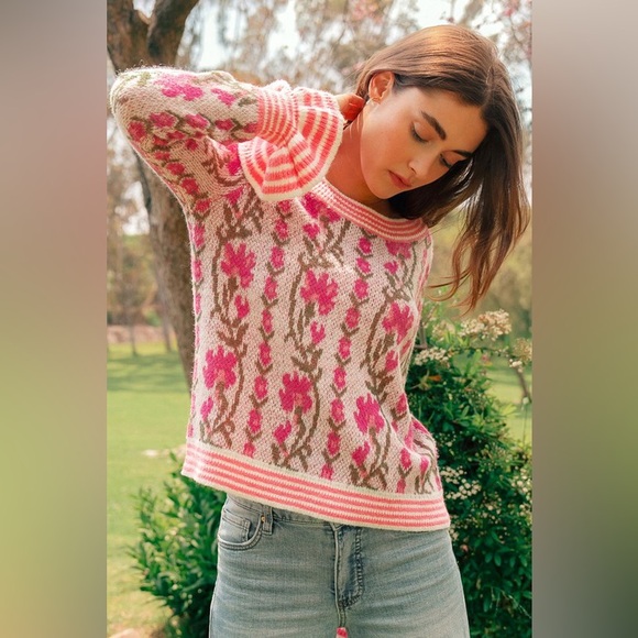 Fuchsia pink floral intarsia Puff striped Sleeve boho bohemian ribbed sweater - Picture 3 of 12